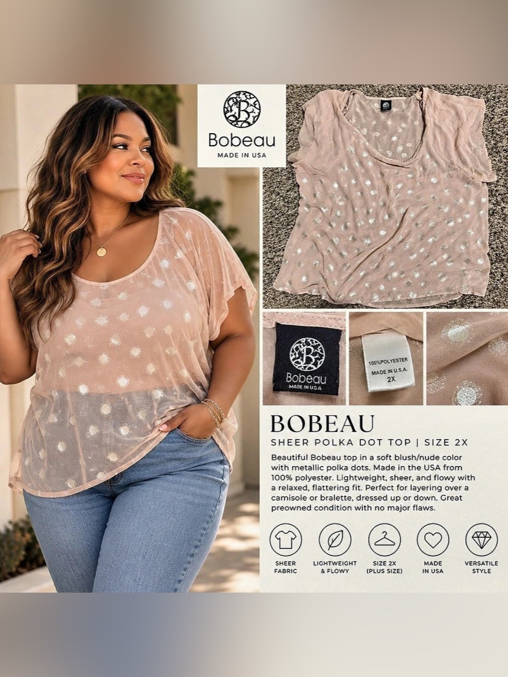 Bobeau Sheer Gold Polka Dot Top Size 2X